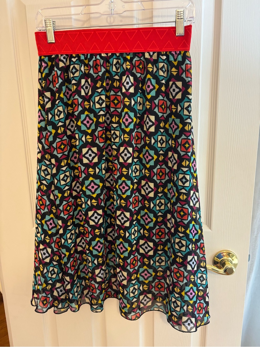 LuLaRoe Geometric Midi Skirt with Bright Red Waistband